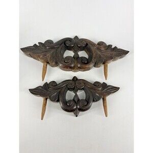 Antique Wood Pediment Carved Scroll Furniture Salvage Architectural Trim Set 2